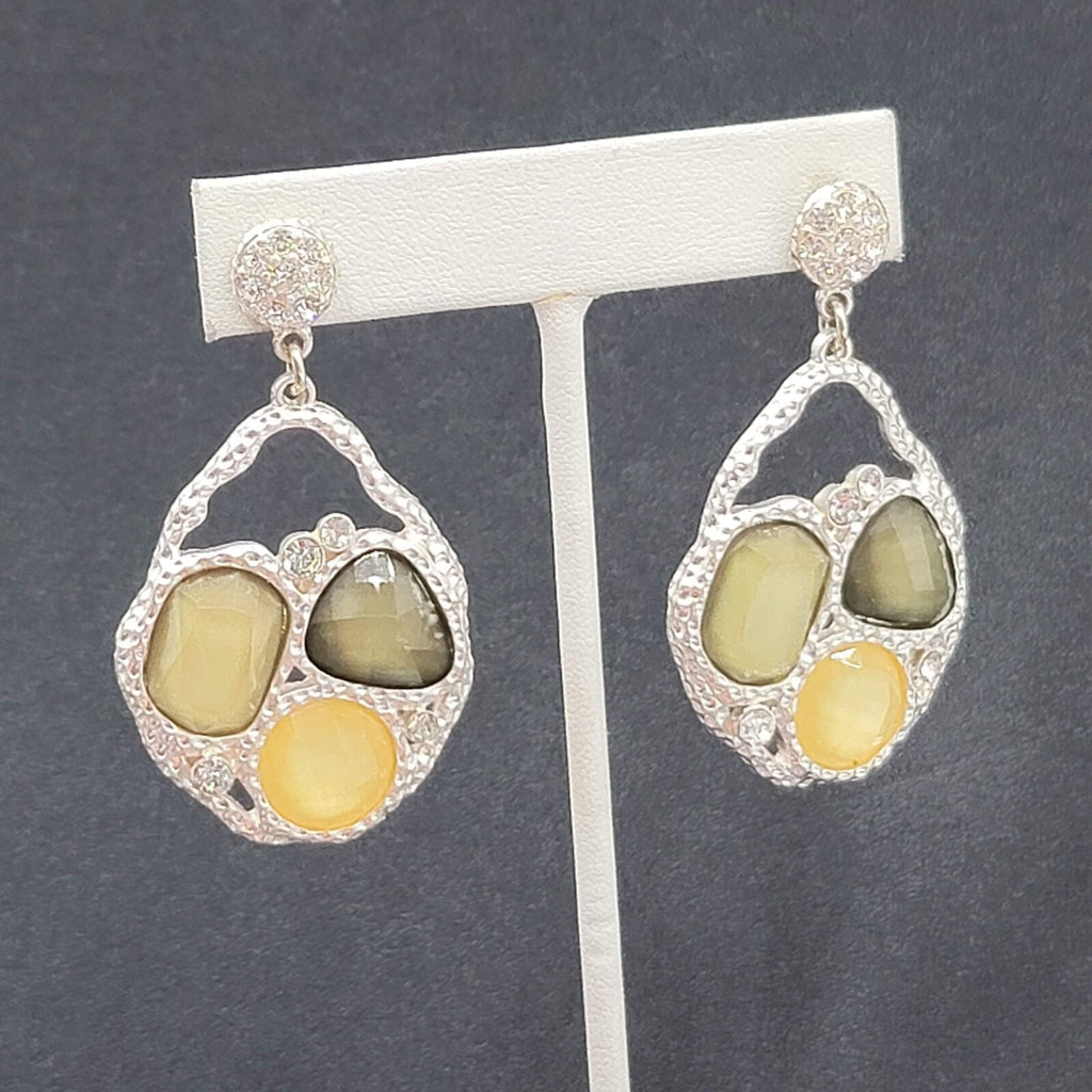 Pierced Earrings Silver tone Green Acrylic Rhinestone Statement Dangle 2.25"