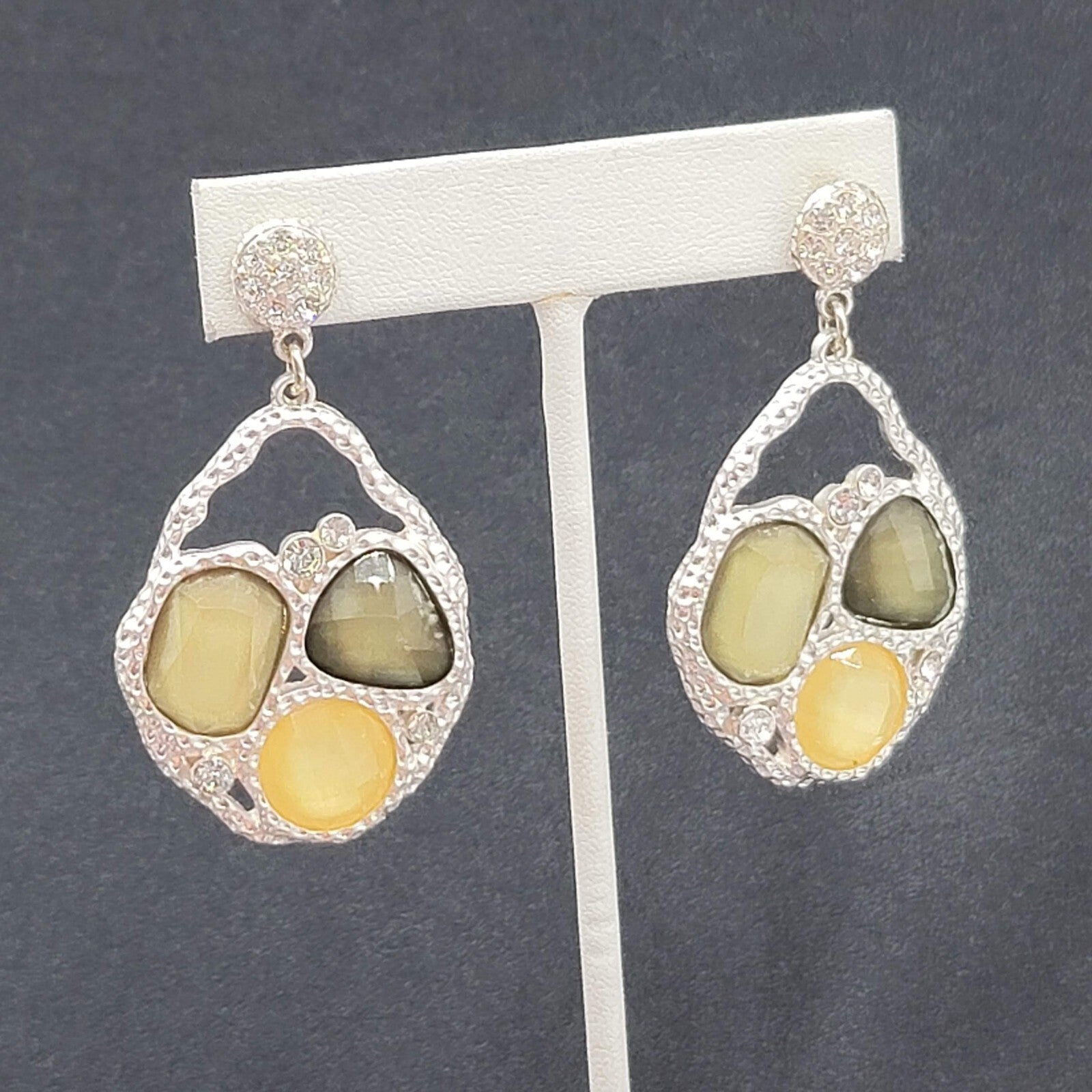 Pierced Earrings Silver tone Green Acrylic Rhinestone Statement Dangle 2.25"