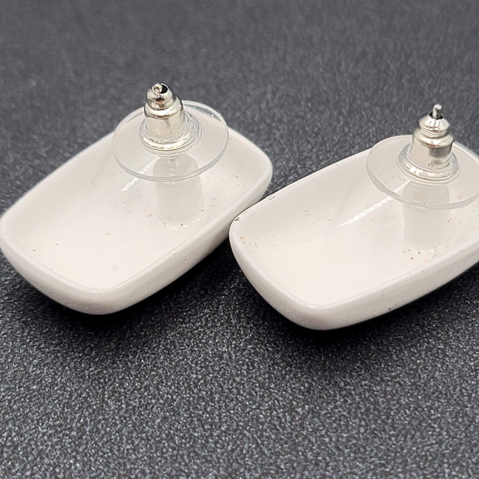 Vintage Pierced Earrings White Enamel over Metal Rectangle Drop 1"