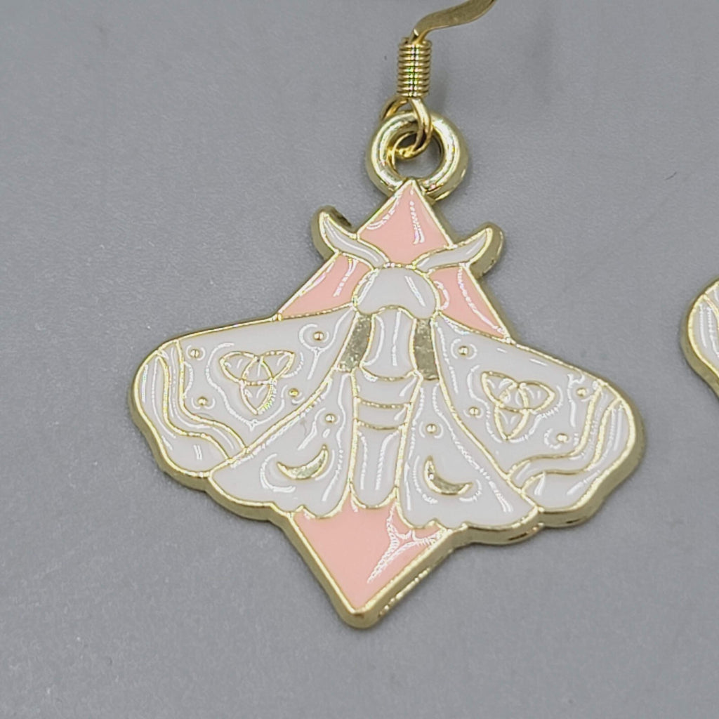 White Moth Pink Enamel Pierced Earrings Gold tone Dangle Butterfly 1"