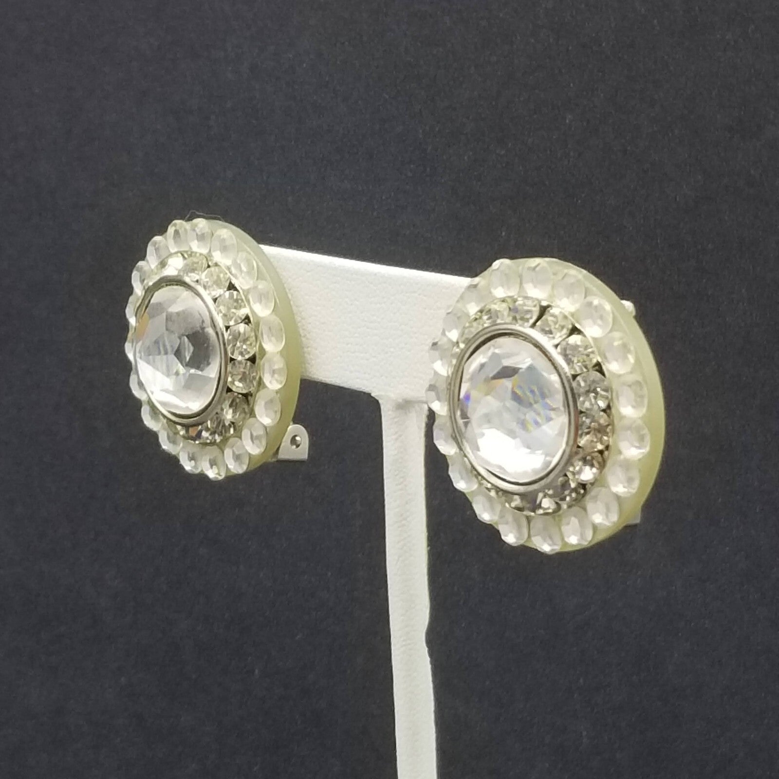 Vintage Clip on Earrings Silver tone Faceted Crystal Button Style Stud 1 1/8"