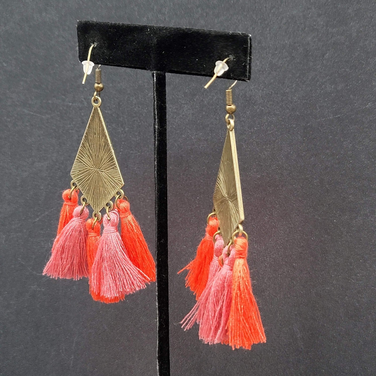 New Boho Pierced Earrings Antiqued Gold tone Enamel Orange Purple Tassel 3"