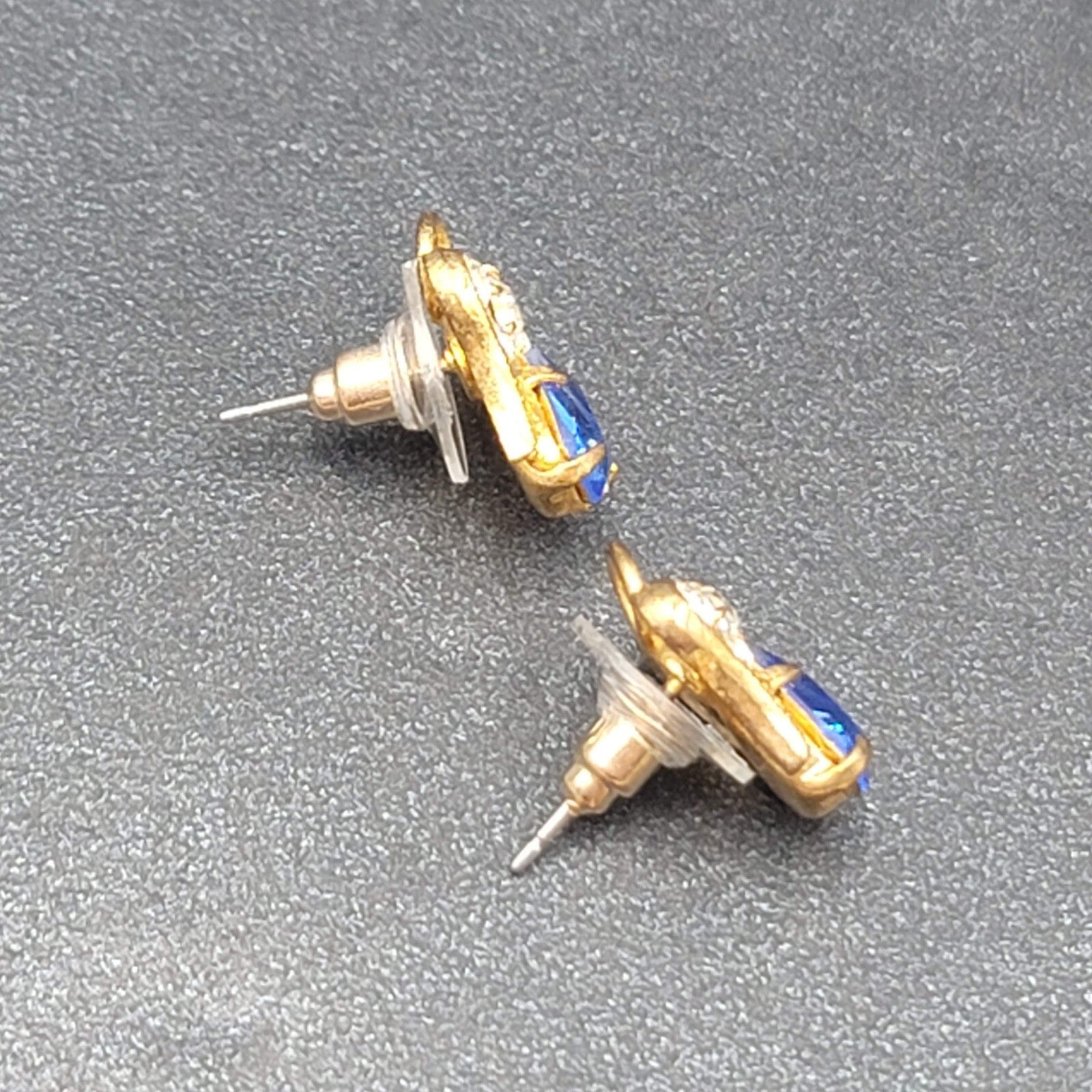 Vintage Pierced Earrings Gold tone Open Angel Blue Crystal Studs 5/8"