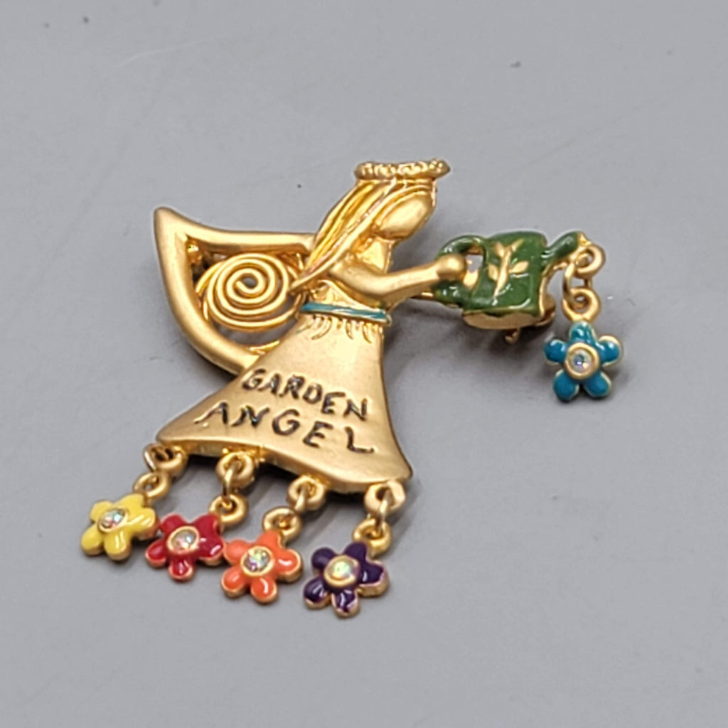Vintage KC Garden Angel Brooch Gold tone Enamel Flower Rhinestones 1.75 in