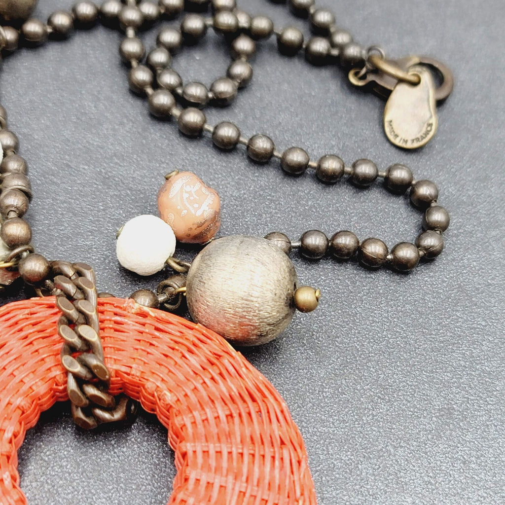 Orner Necklace Made in France Ball Chain Weaved Pendant Artisan Boho 17"