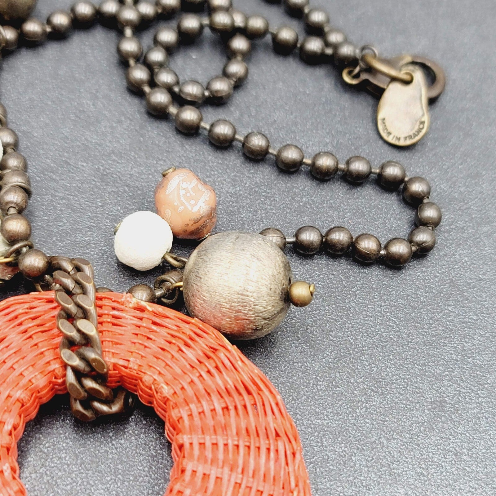 Orner Necklace Made in France Ball Chain Weaved Pendant Artisan Boho 17"