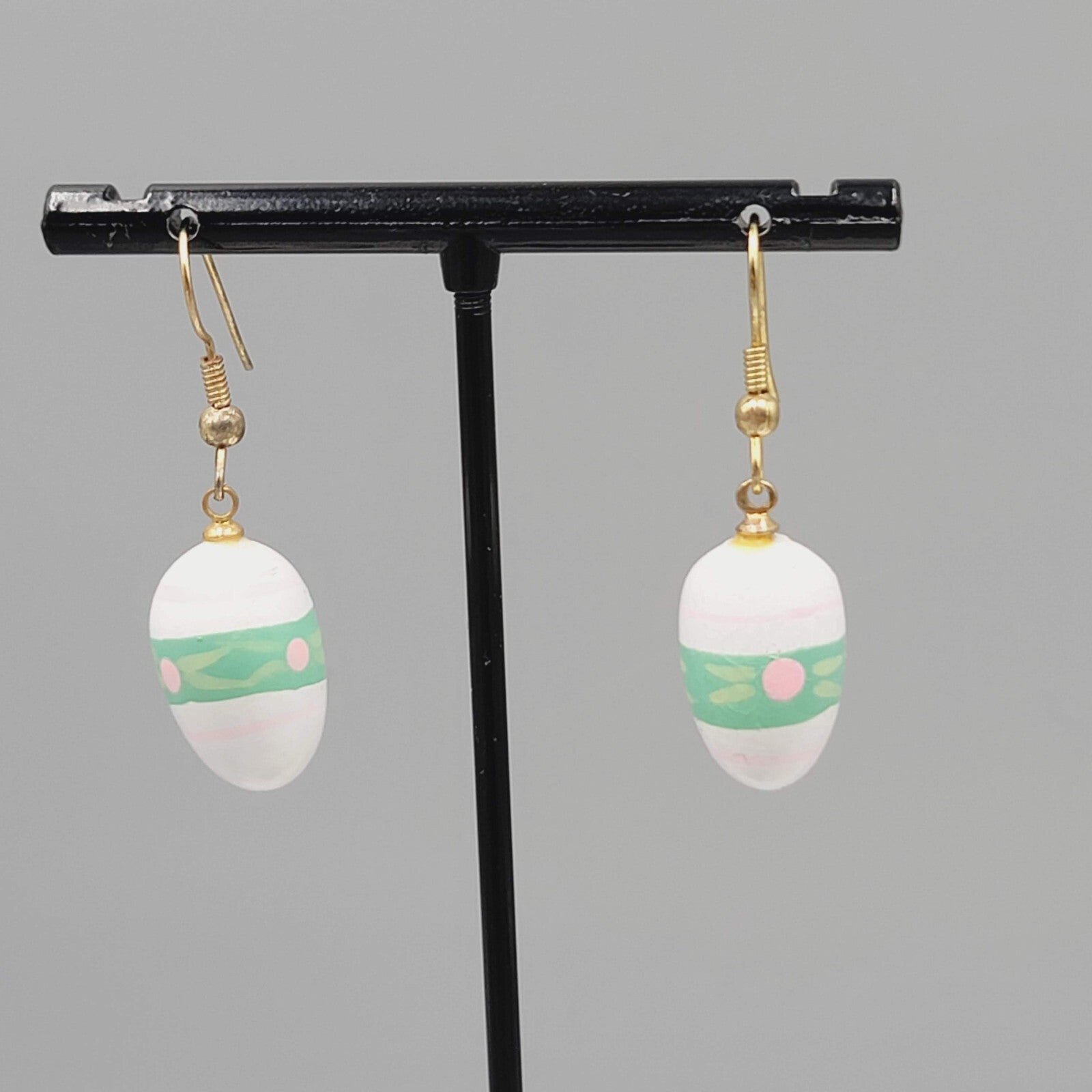 Vintage White Green Easter Egg Pierced Earrings Hand Painted Wood Dangle 7/8"