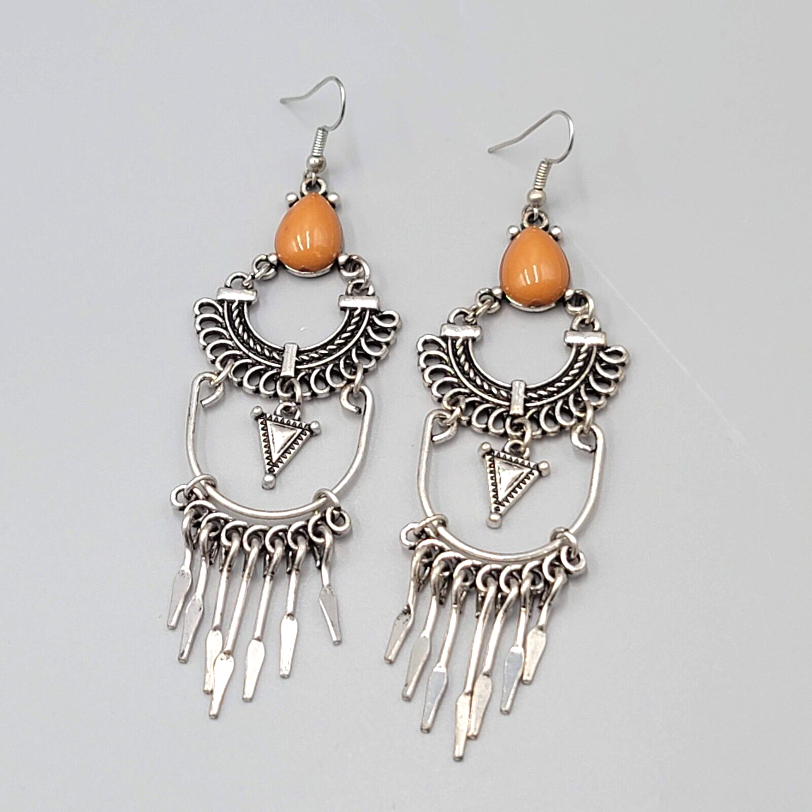 Boho Chandelier Pierced Earrings Silver tone Orange Accent 3 3/8"
