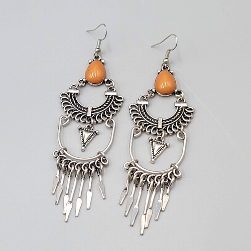 Boho Chandelier Pierced Earrings Silver tone Orange Accent 3 3/8"