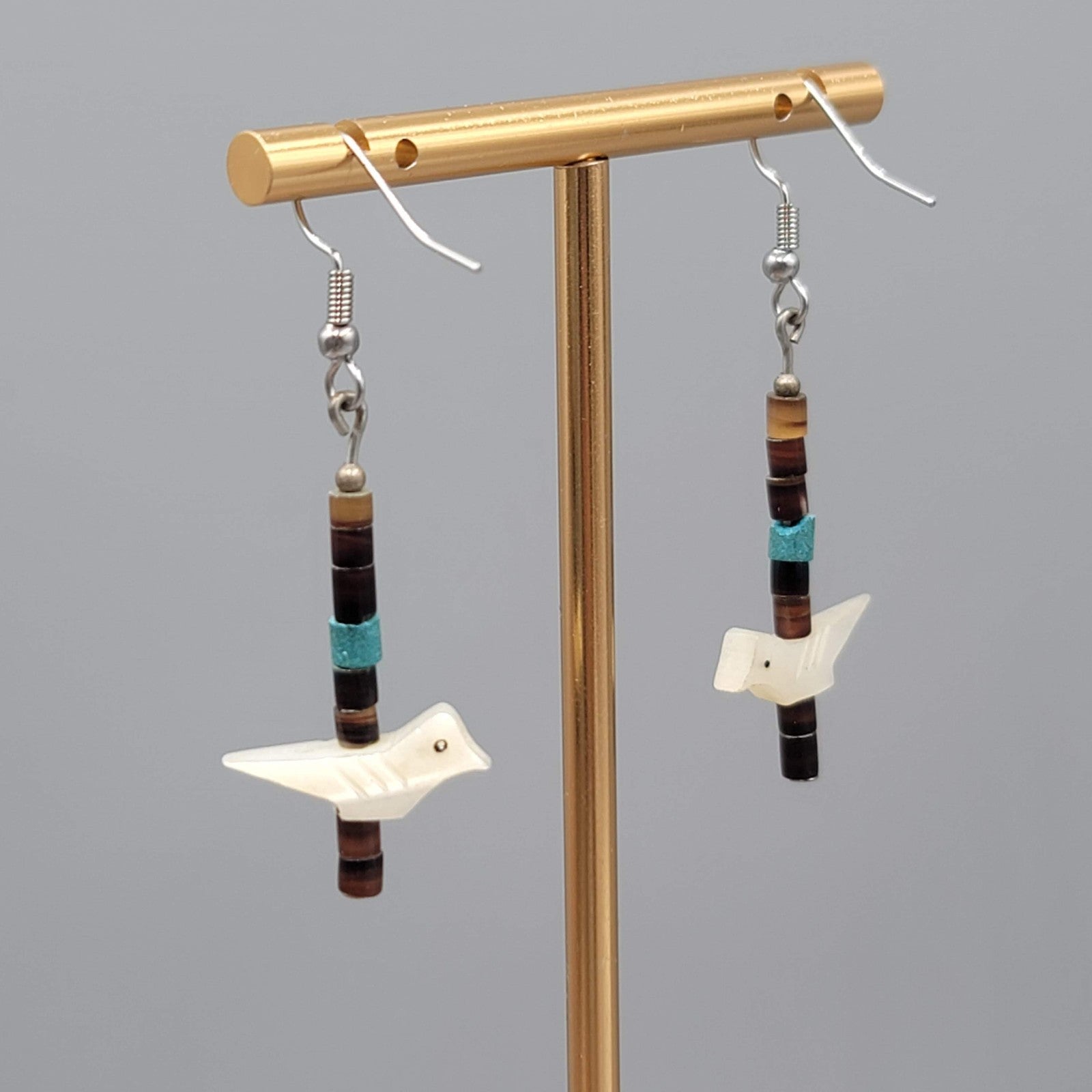 Vintage Bird Fetish Pierced Earrings Heishi Shell Beads Silver tone Dangle 1.5"