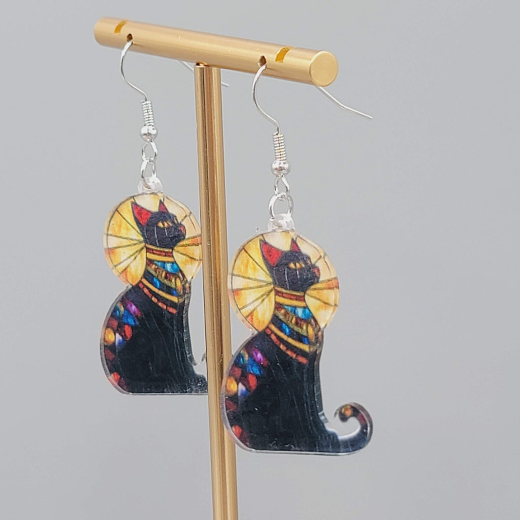 Egyptian Kitty Cat Sun Ray Pierced Earrings Stained Glass Look Acrylic 1.5"