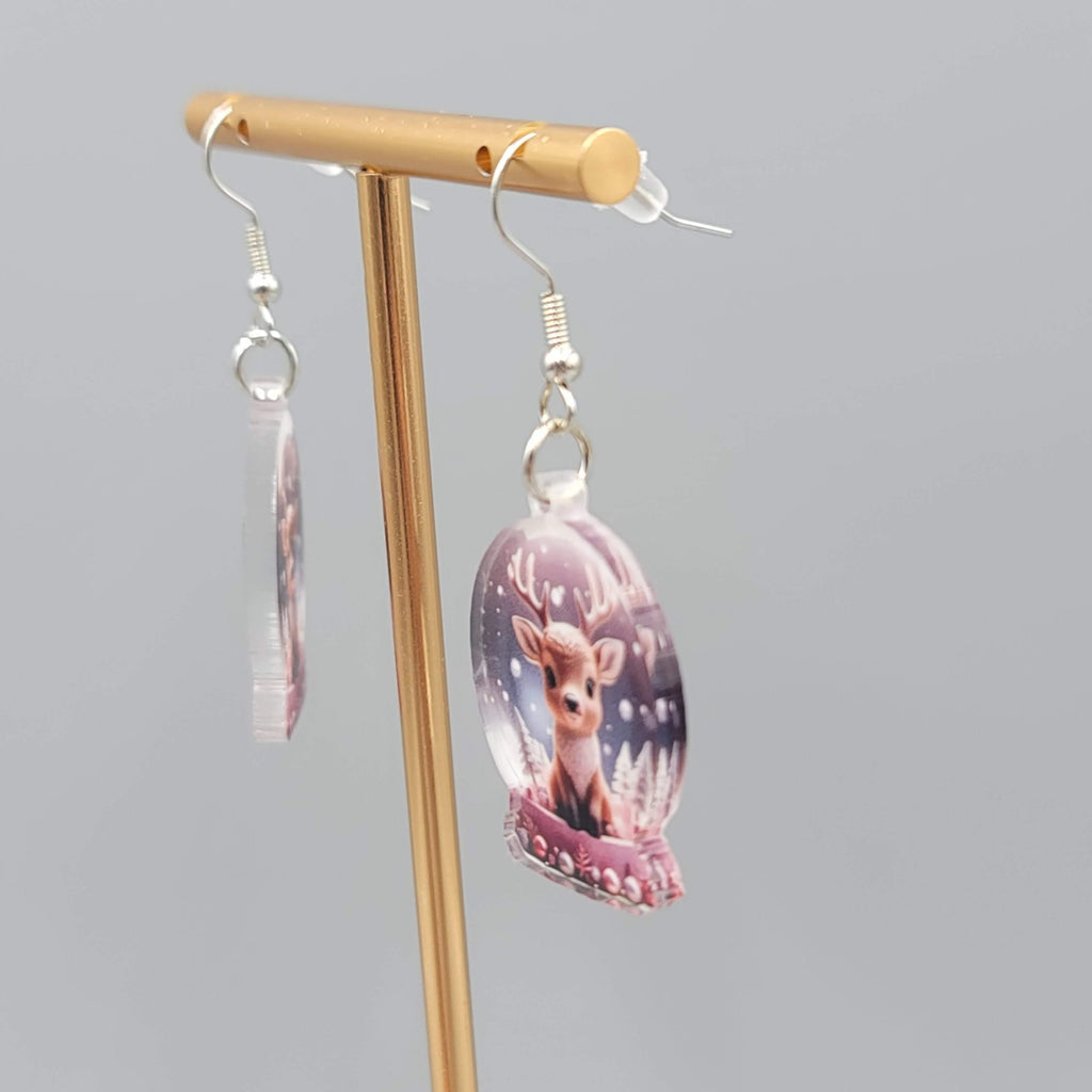 Christmas Snow Globe Reindeer Pierced Earrings Silver tone Dangle 1.25 in