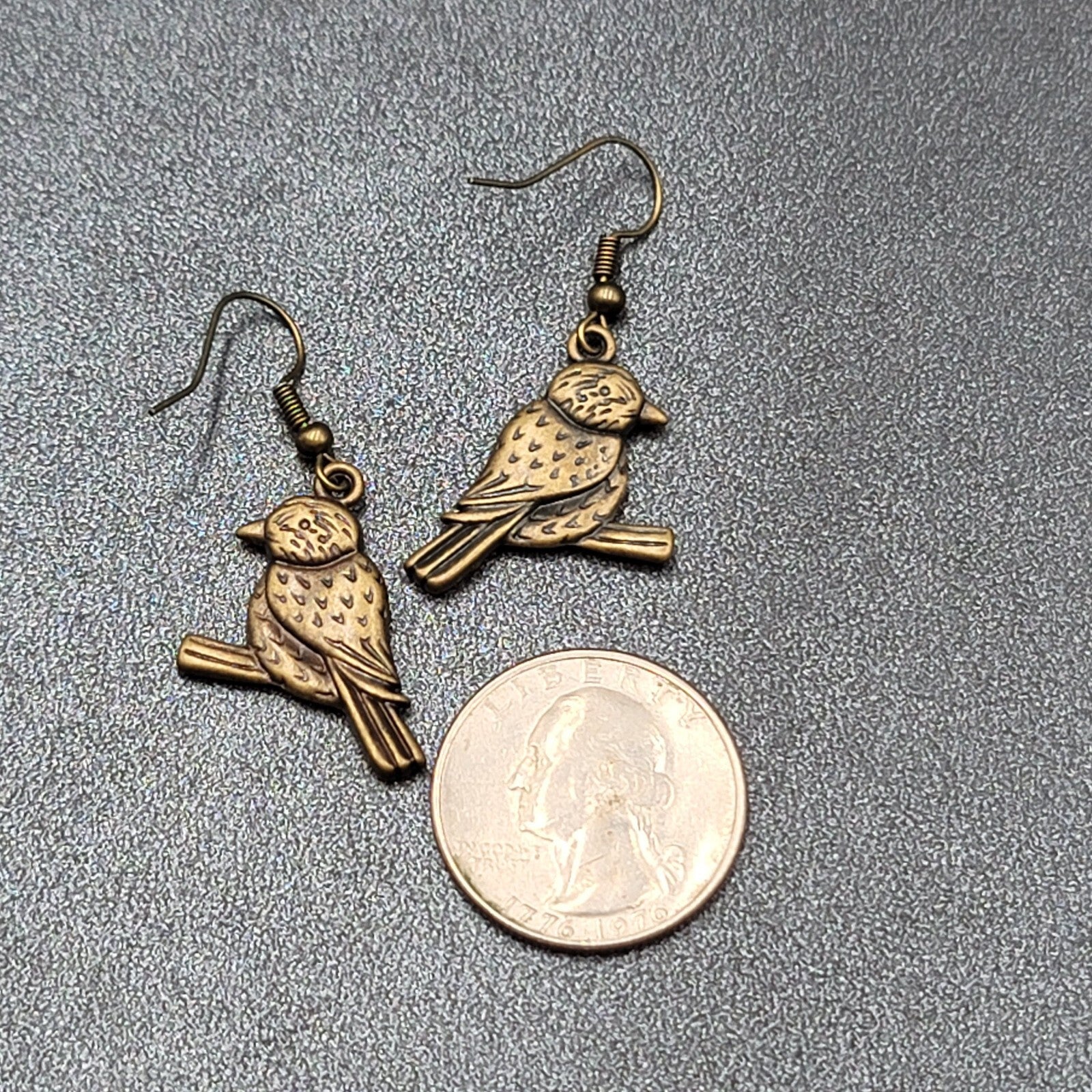 Bird on Perch Pierced Earrings Bronze tone Embossed Dangle 1"