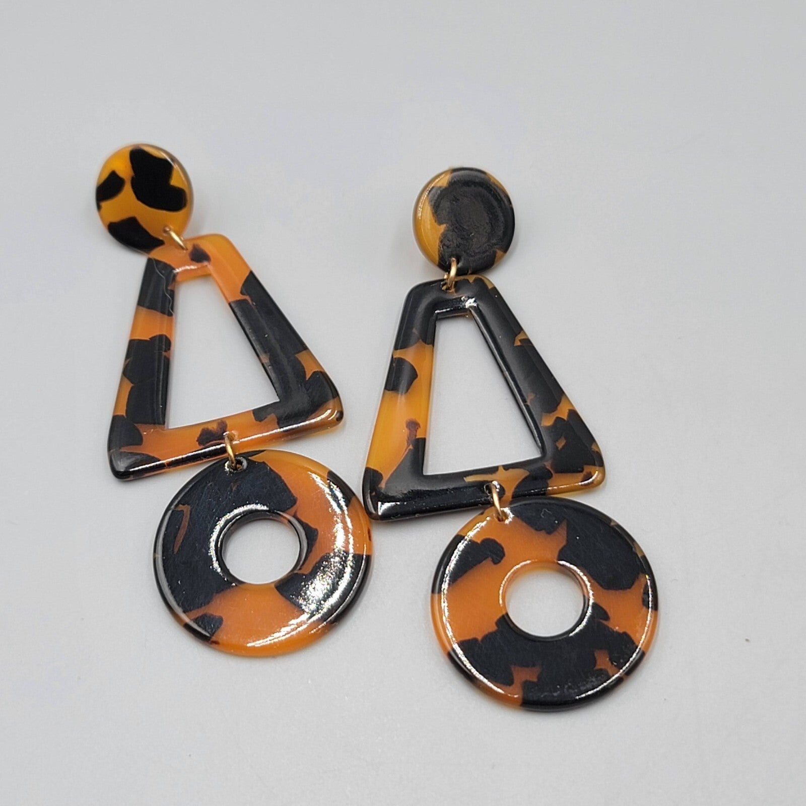 Pierced Earrings Tortoise Brown Acrylic Geometric Dangle Statement 3.25"
