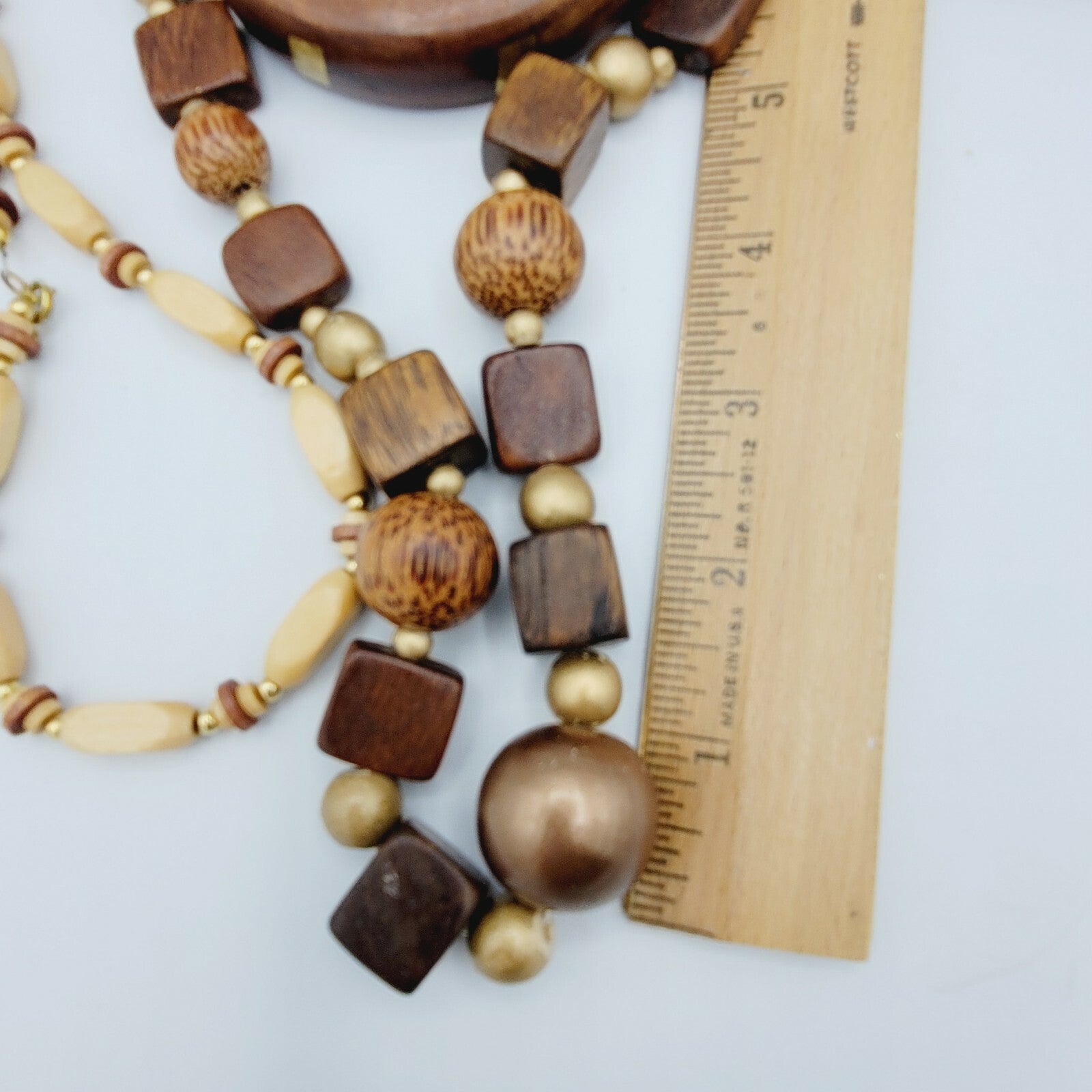 Vintage Wood Jewelry Lot 3 Necklaces and 1 Bangle Brass Inlay Bracelet
