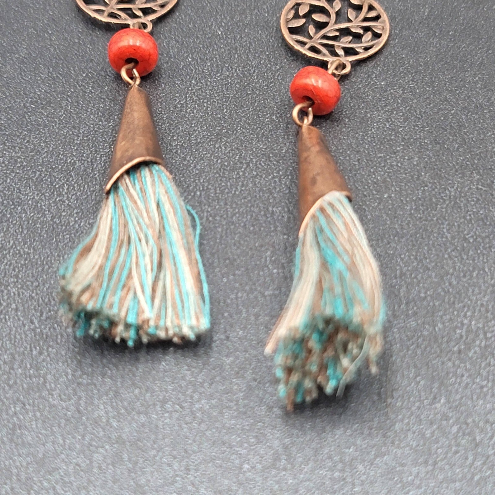 Pierced Earrings Copper tone Round Open Work Tassel Beaded Dangle 3"