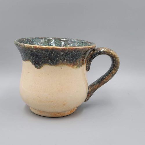 Art Pottery Coffee Mug Artist Signed CR Large Drop Glaze Green Tan