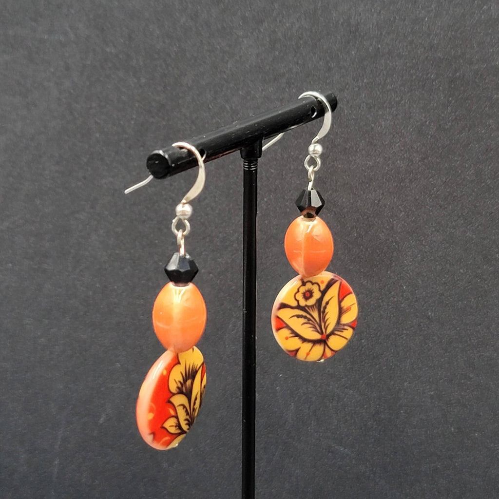Pierced Earrings Orange Black Beads Flower Mother of Pearl Dangle 1 5/8"