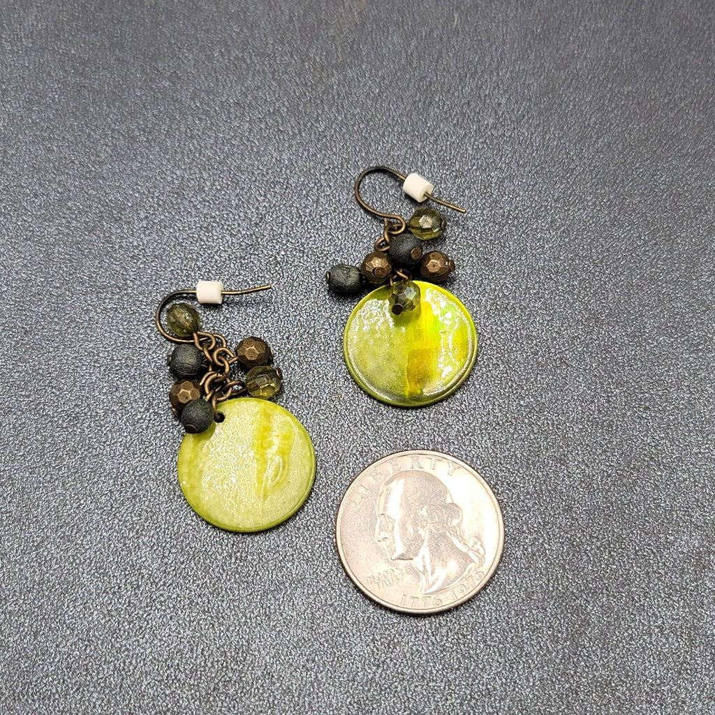 Pierced Earrings Green Shell and Beaded Dangle 1.25"