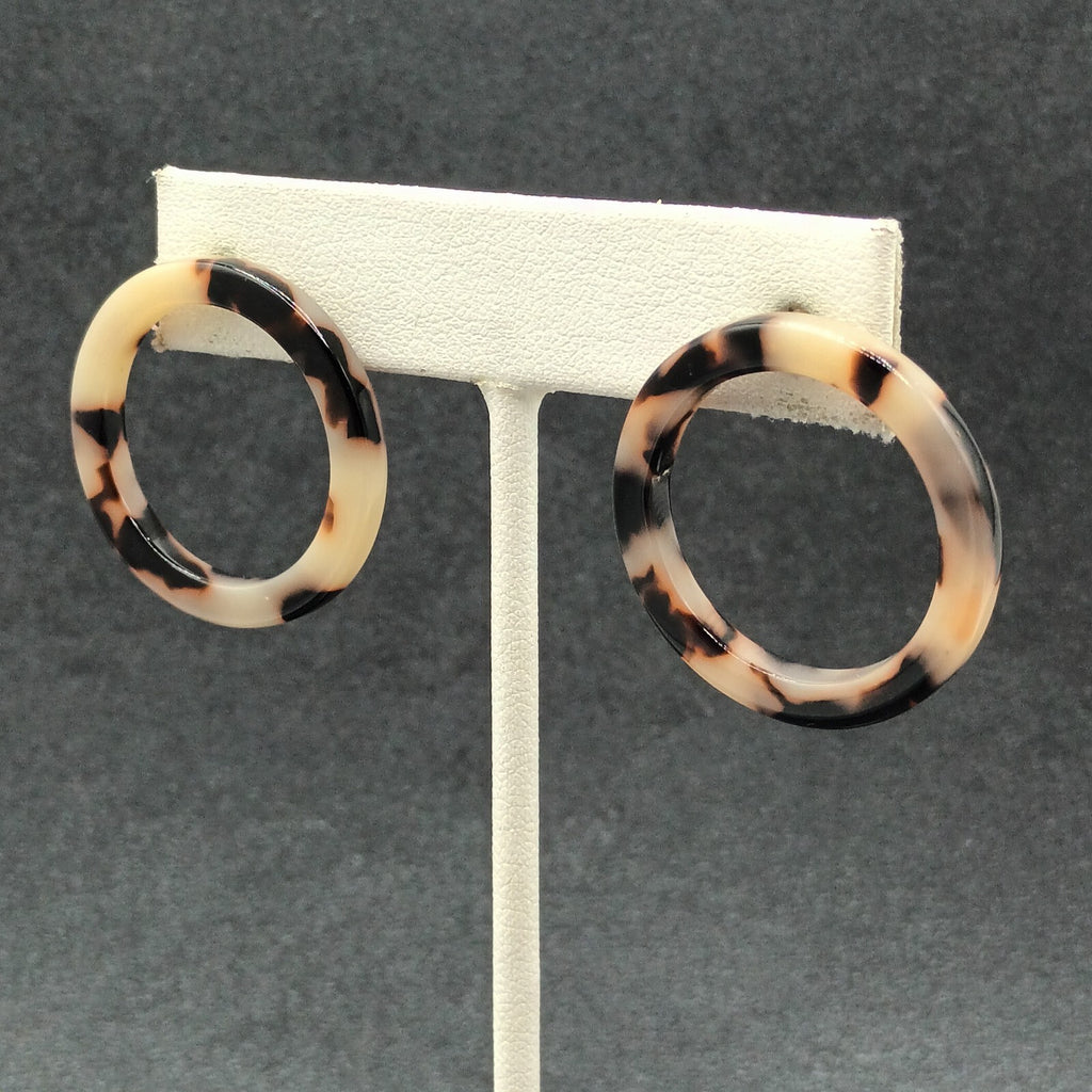 Pierced Earrings Brown Speckled Acrylic Open Circle Hoop Drop 1 1/8"