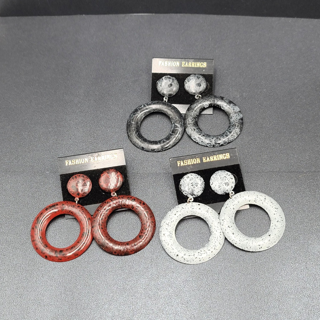 Lot of 3 Pierced Earrings NOS White Gray Red Speckled Enamel Hoops