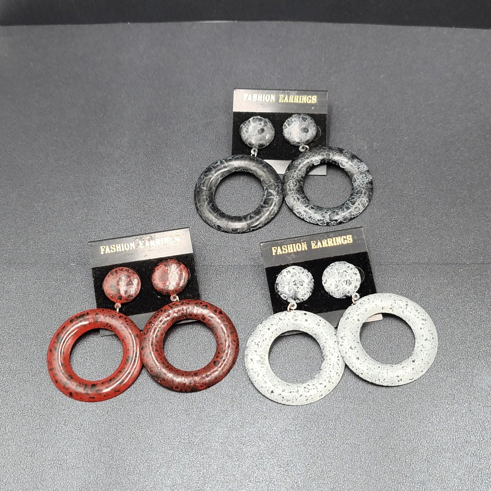 Lot of 3 Pierced Earrings NOS White Gray Red Speckled Enamel Hoops