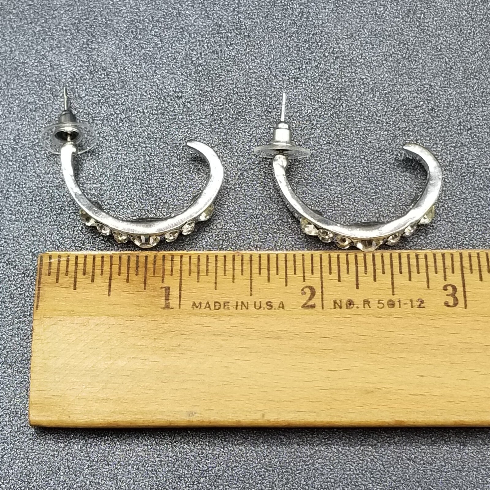 Pierced Earrings Silver tone Faceted Crystal Half Hoop Drop 1 1/4"