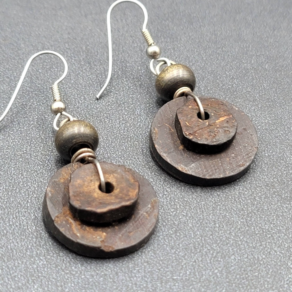 Pierced Earrings Silver tone Coconut Layered Disc Beads Dangle 1.25"