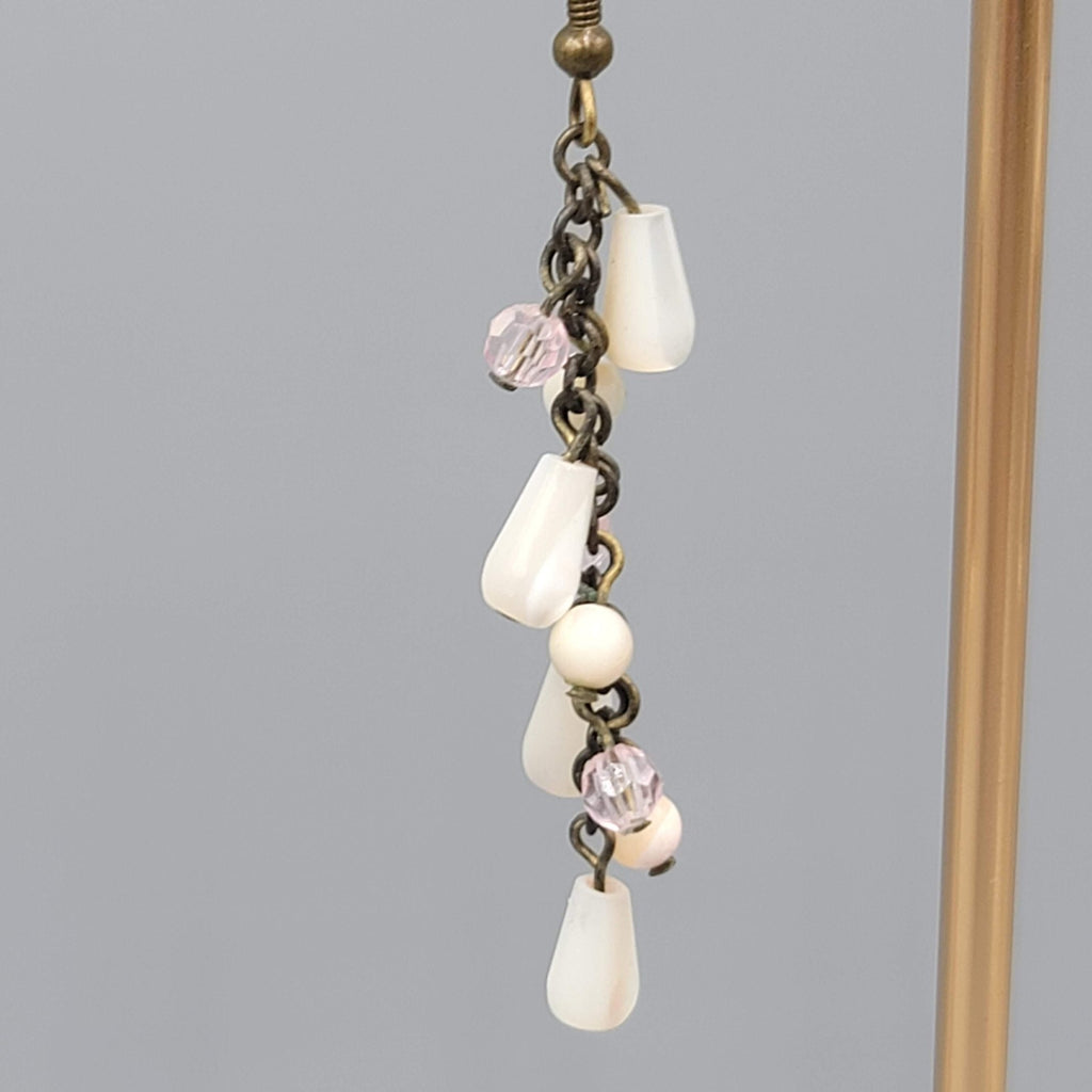 Mother of Pearl Beads Pierced Earrings Bronze tone Dangle 2 in