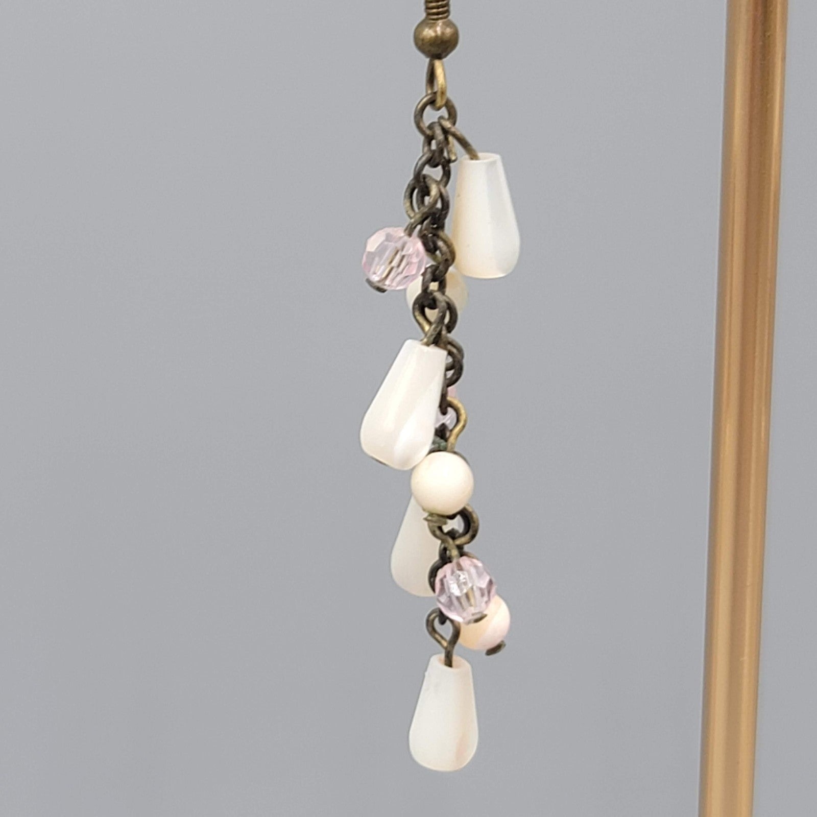 Mother of Pearl Beads Pierced Earrings Bronze tone Dangle 2 in