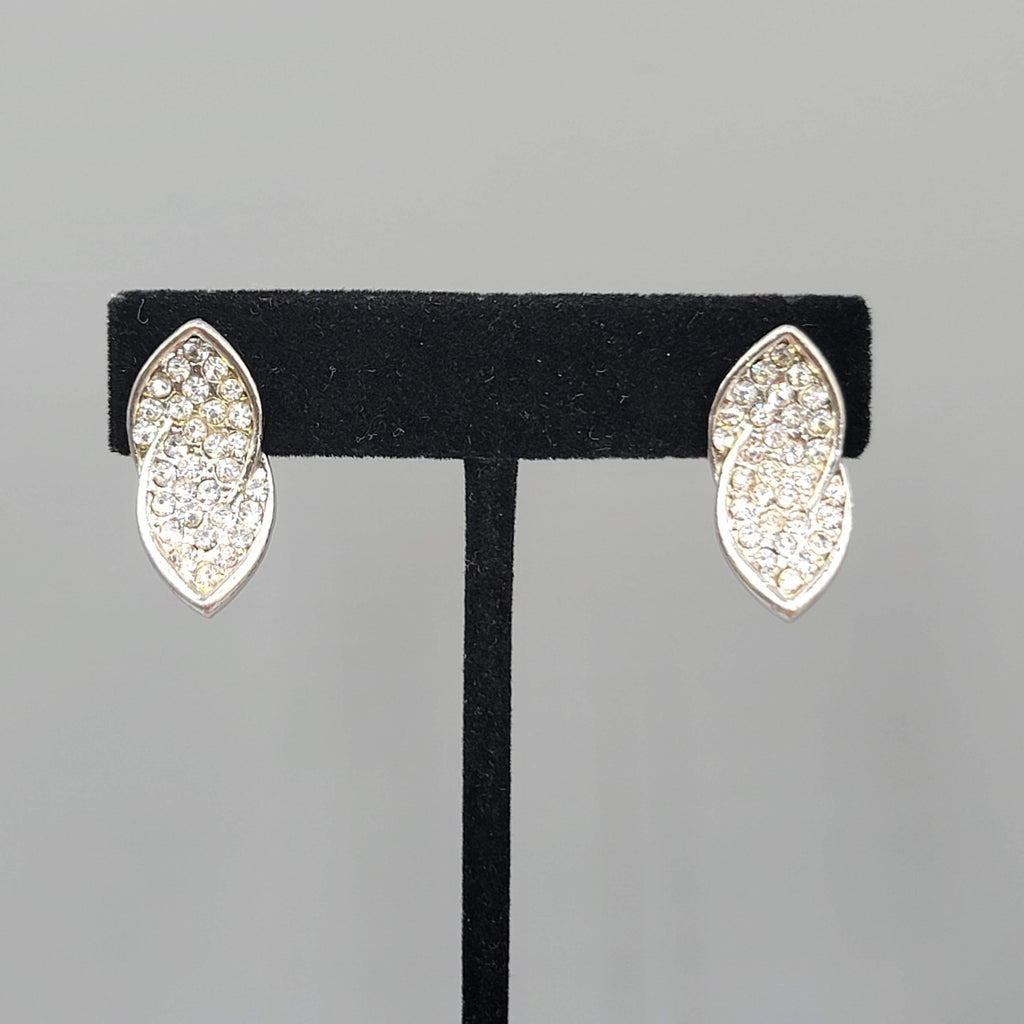 Vintage Curved Rhinestone Clip on Earrings Silver tone Drop 7/8 in