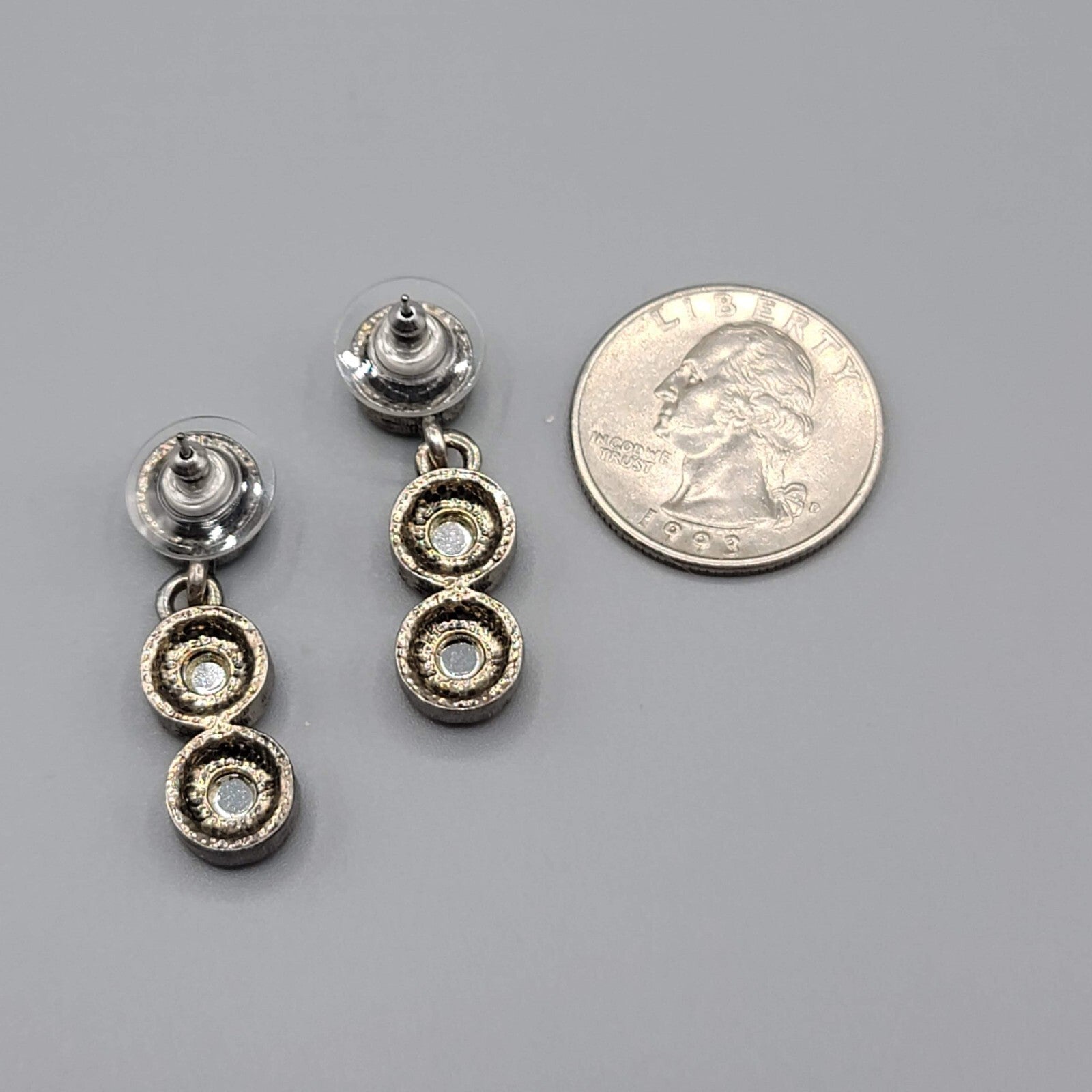 Pierced Earrings Silver tone Multicolor Rhinestones Round Dangle 1.25"