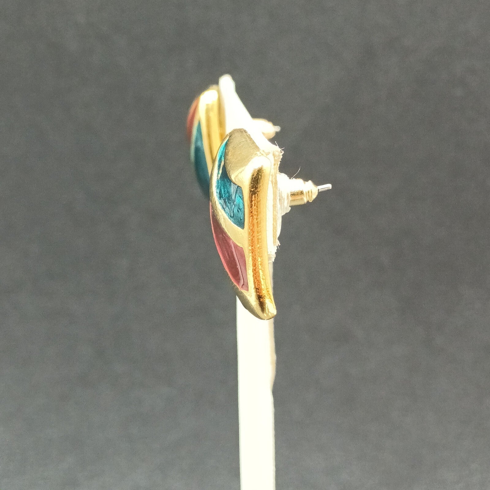Vintage Pierced Earrings Gold plated Green Purple Enamel Geometric Drop 7/8"