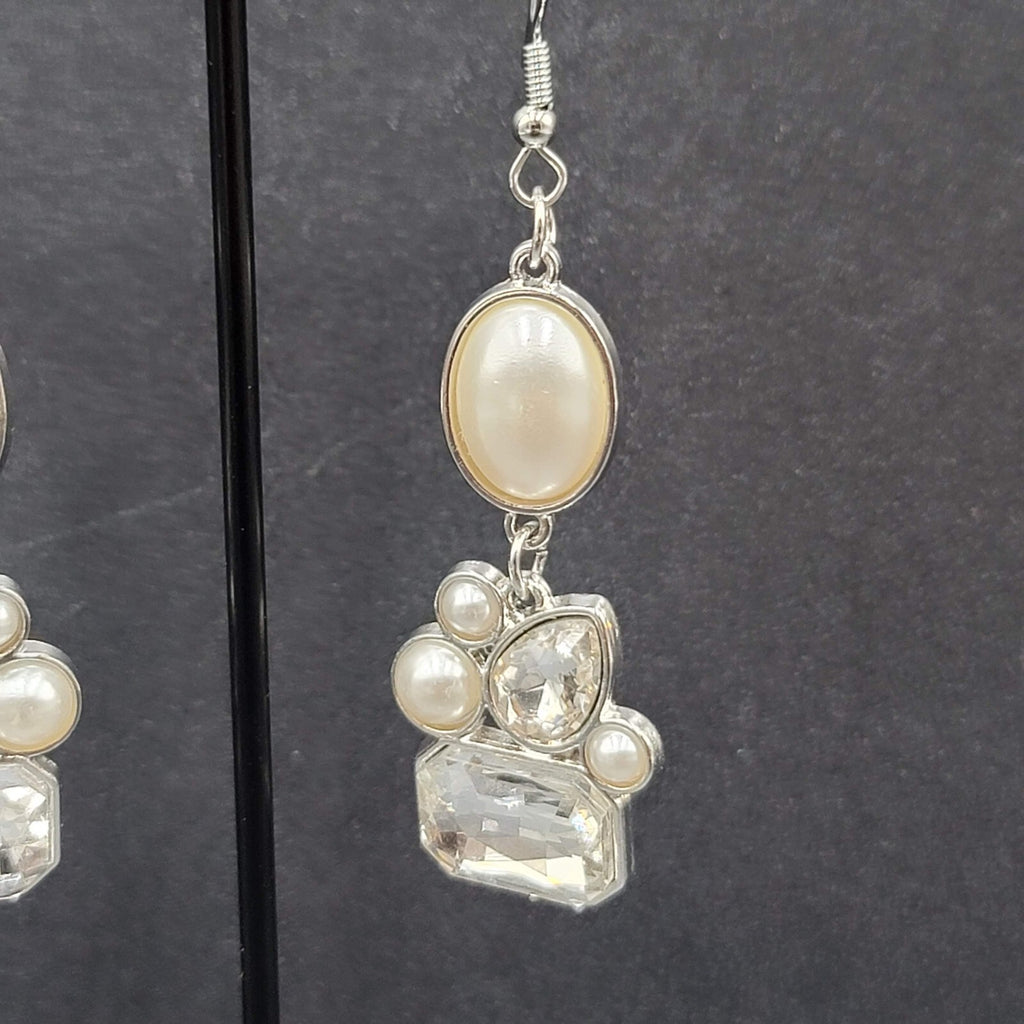 Pierced Earrings Silver Plated Faux Pearl Glass Accents Dangle 1.75"
