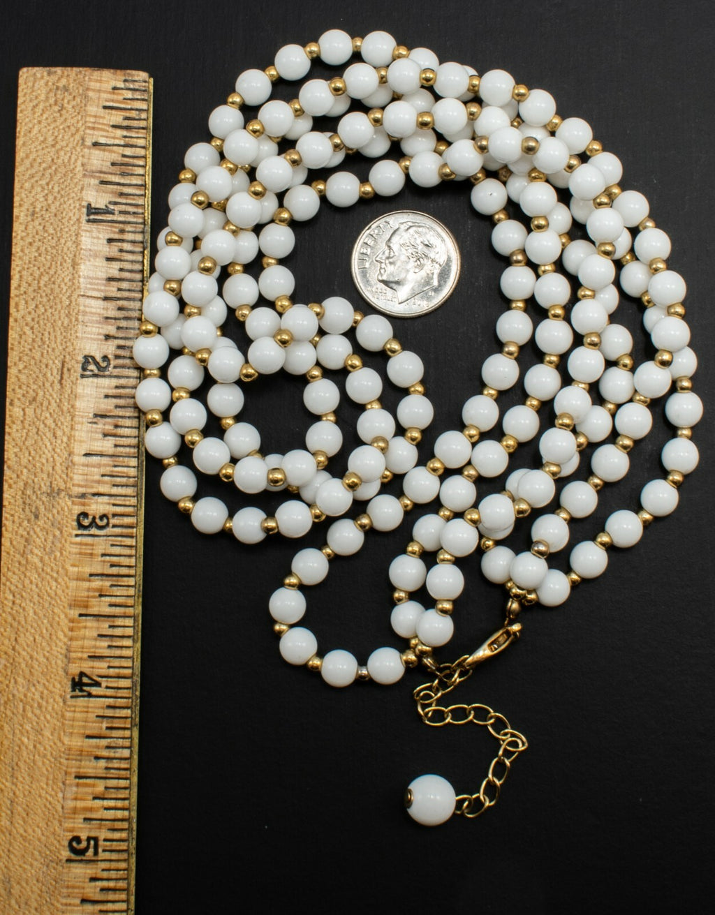 Vintage Triple Strand White & Gold Beaded Necklace Costume Estate 18" - 20'