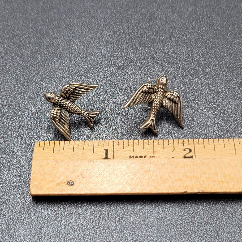 Bird Pierced Earrings Silver tone Drop 3/4"