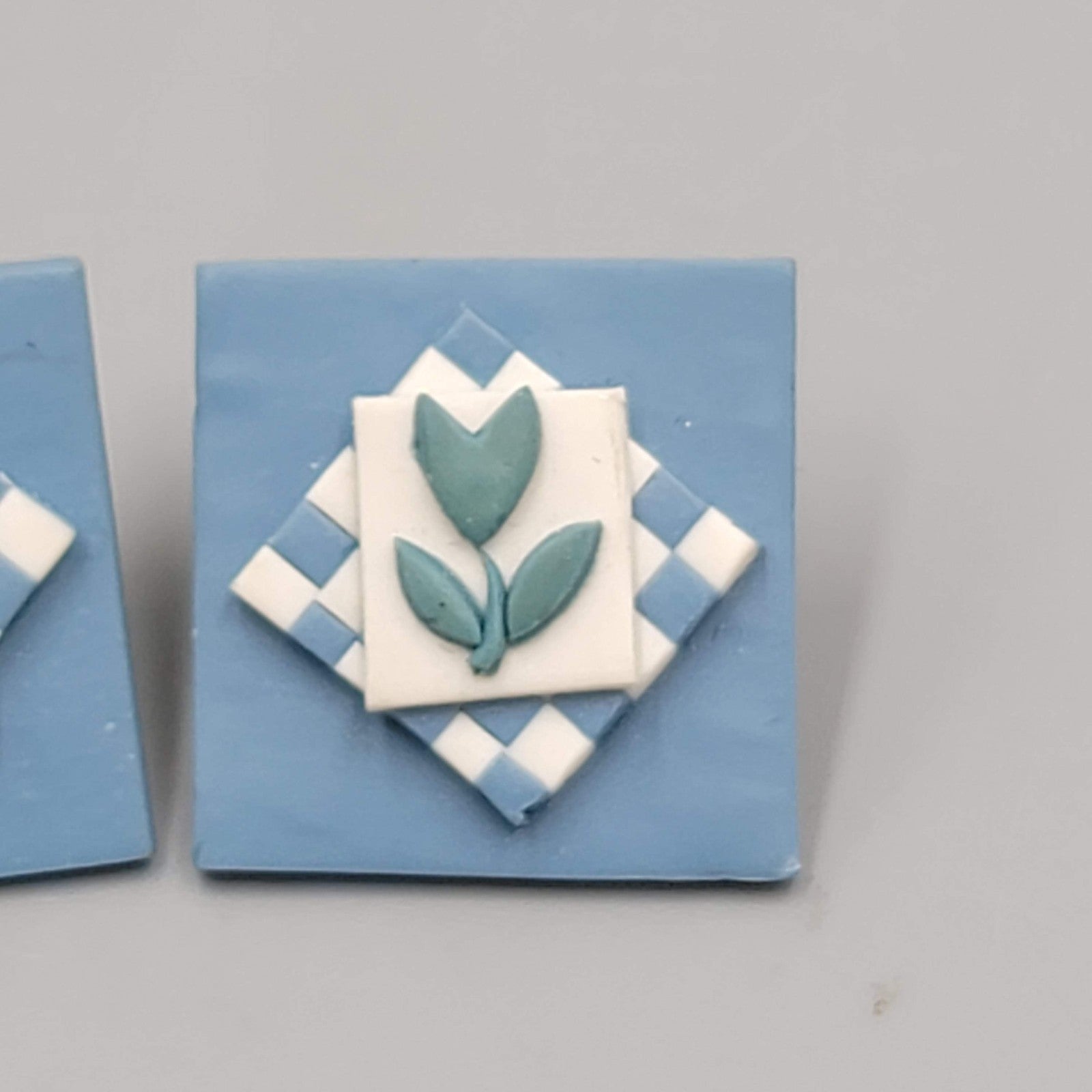 Vintage Blue Tulip Flower Pierced Earrings Square Drop 3/4"