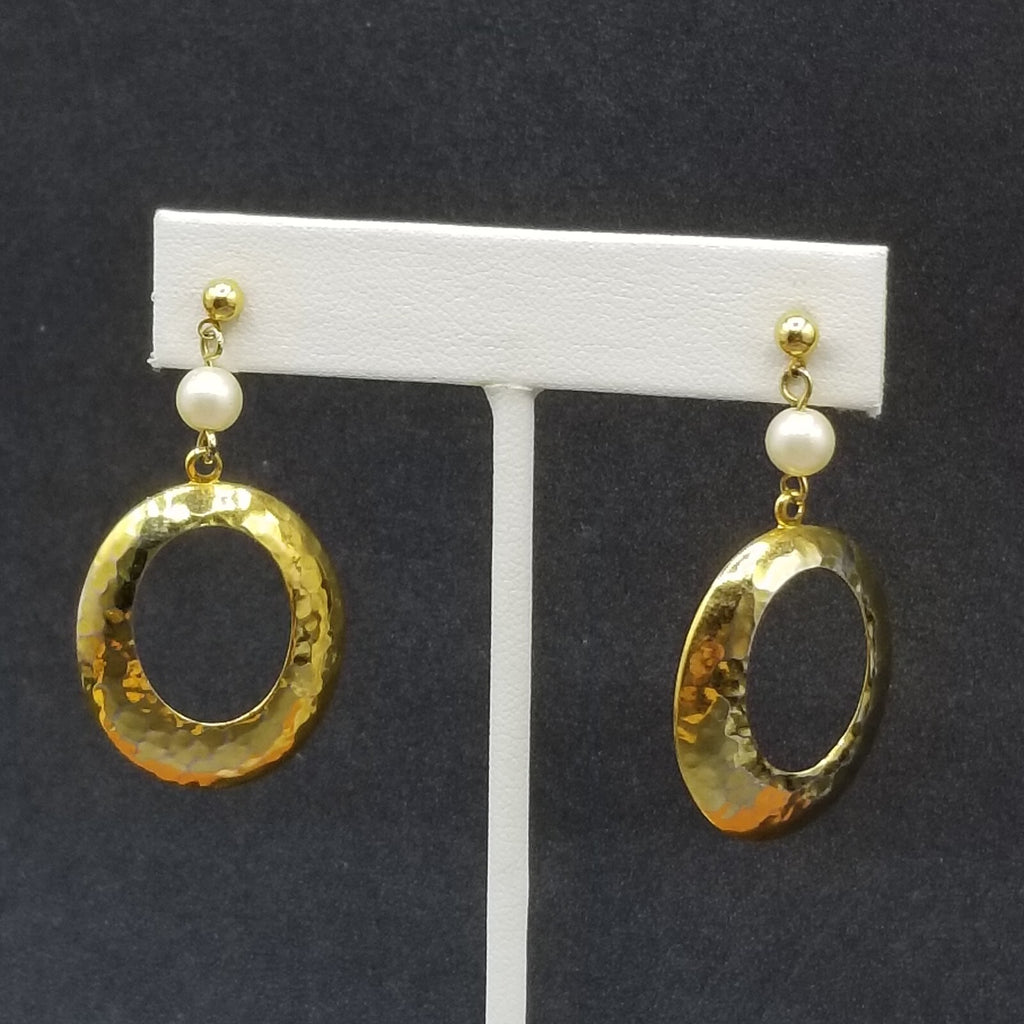 Pierced Earrings Gold tone Faux Pearl Hammered Oval Dangle 1 7/8"