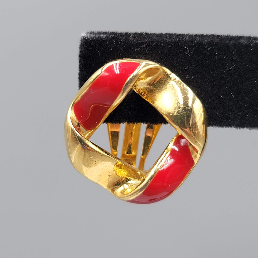 Vintage Clip on Earrings Red Enamel Gold tone Open Center 7/8"