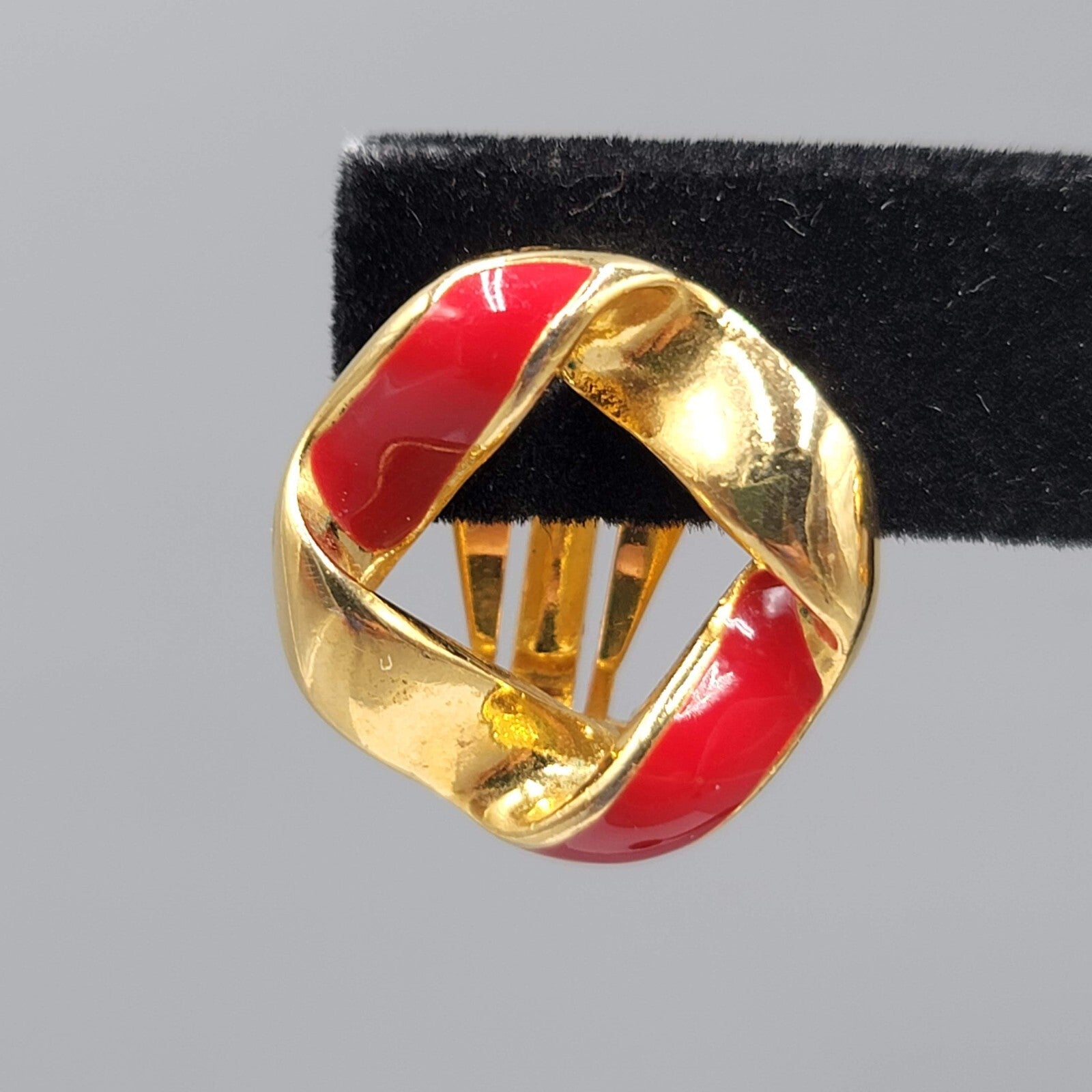 Vintage Clip on Earrings Red Enamel Gold tone Open Center 7/8"