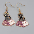 Black Cat Purple Books Pierced Earrings Enamel Gold tone Dangle New 1"