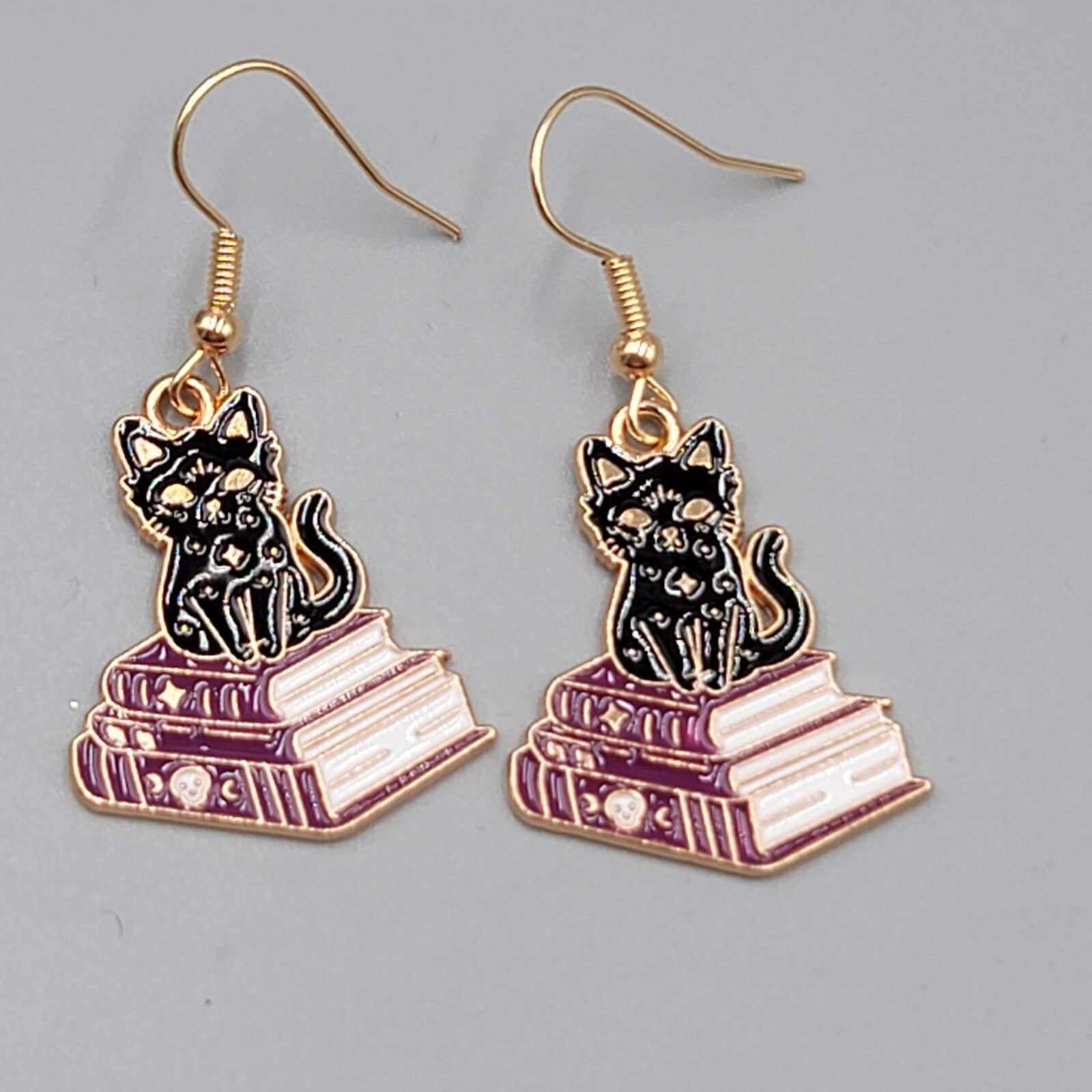 Black Cat Purple Books Pierced Earrings Enamel Gold tone Dangle New 1"