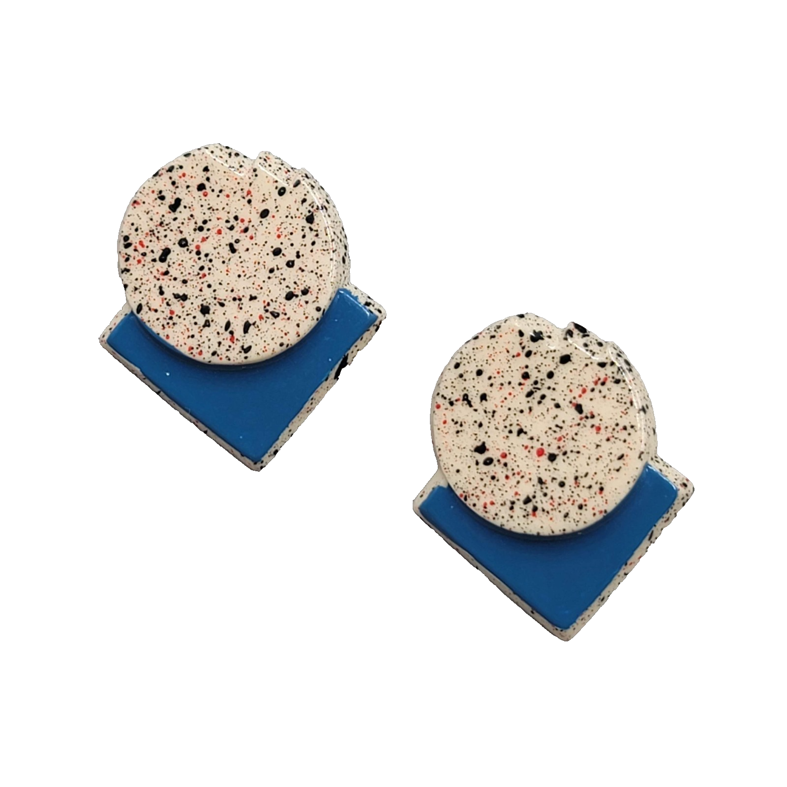 Vintage Fun Plastic Blue Speckle Painted Geometric Earrings Estate 1 1/2"