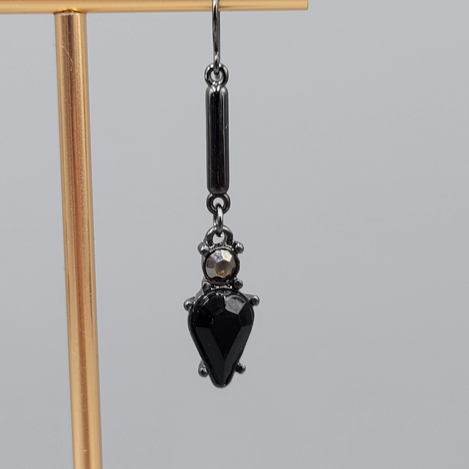 Black Metal Rhinestone Pierced Earrings Dangle 1.75 in