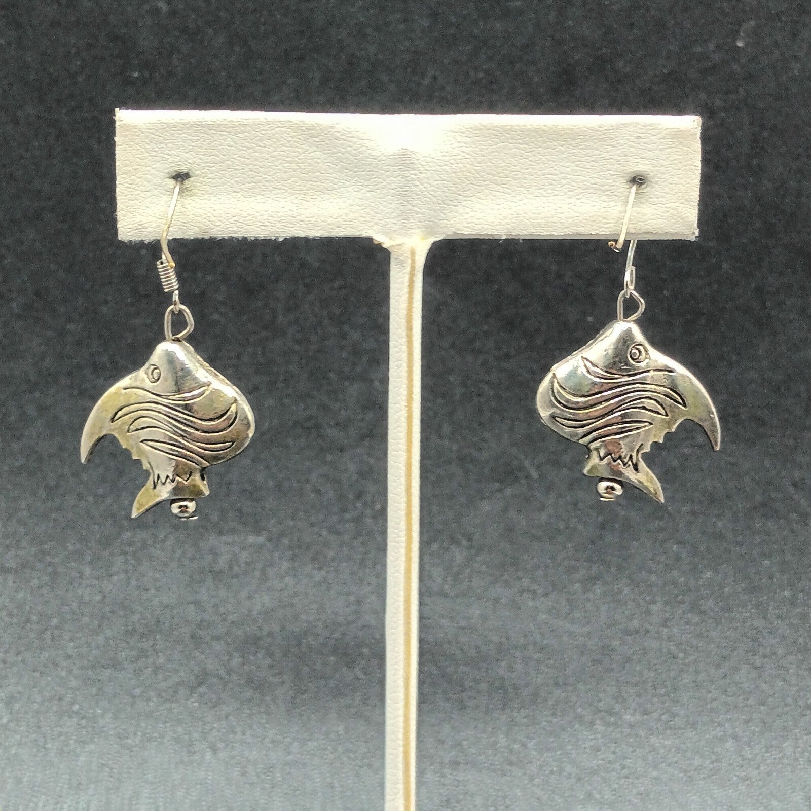Vintage Pierced Earrings Silver tone Angel Fish Bead Statement Dangle 7/8"