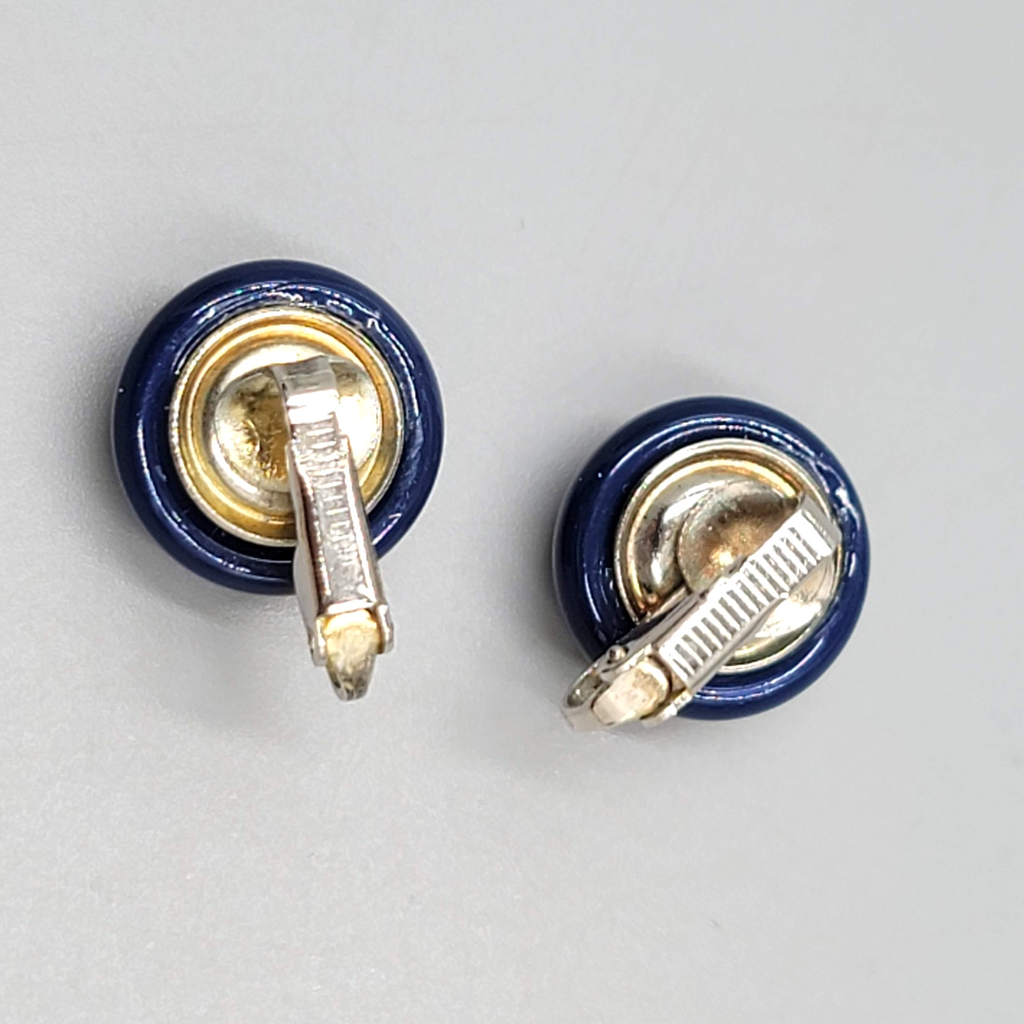 Vintage Navy Blue Round Stud Clip on Earrings 5/8"