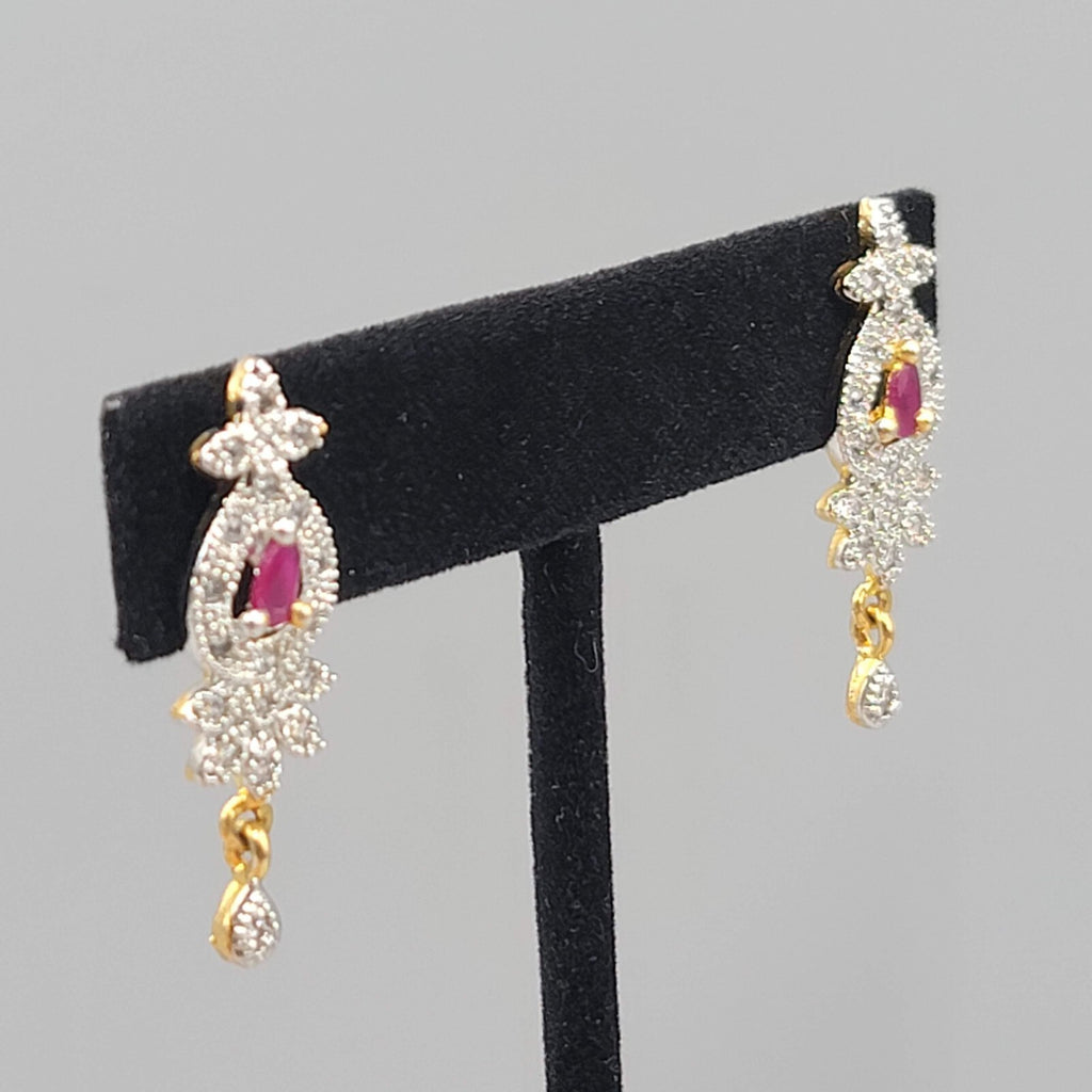 Bollywood Style Pierced Earrings Gold Plated Red Center Stone Dangle 1.25"