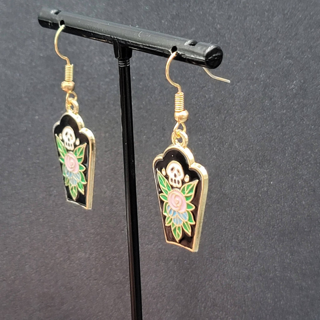 Halloween Coffin Pierced Earrings Skull Enamel Flowers Gold tone Dangle 1"