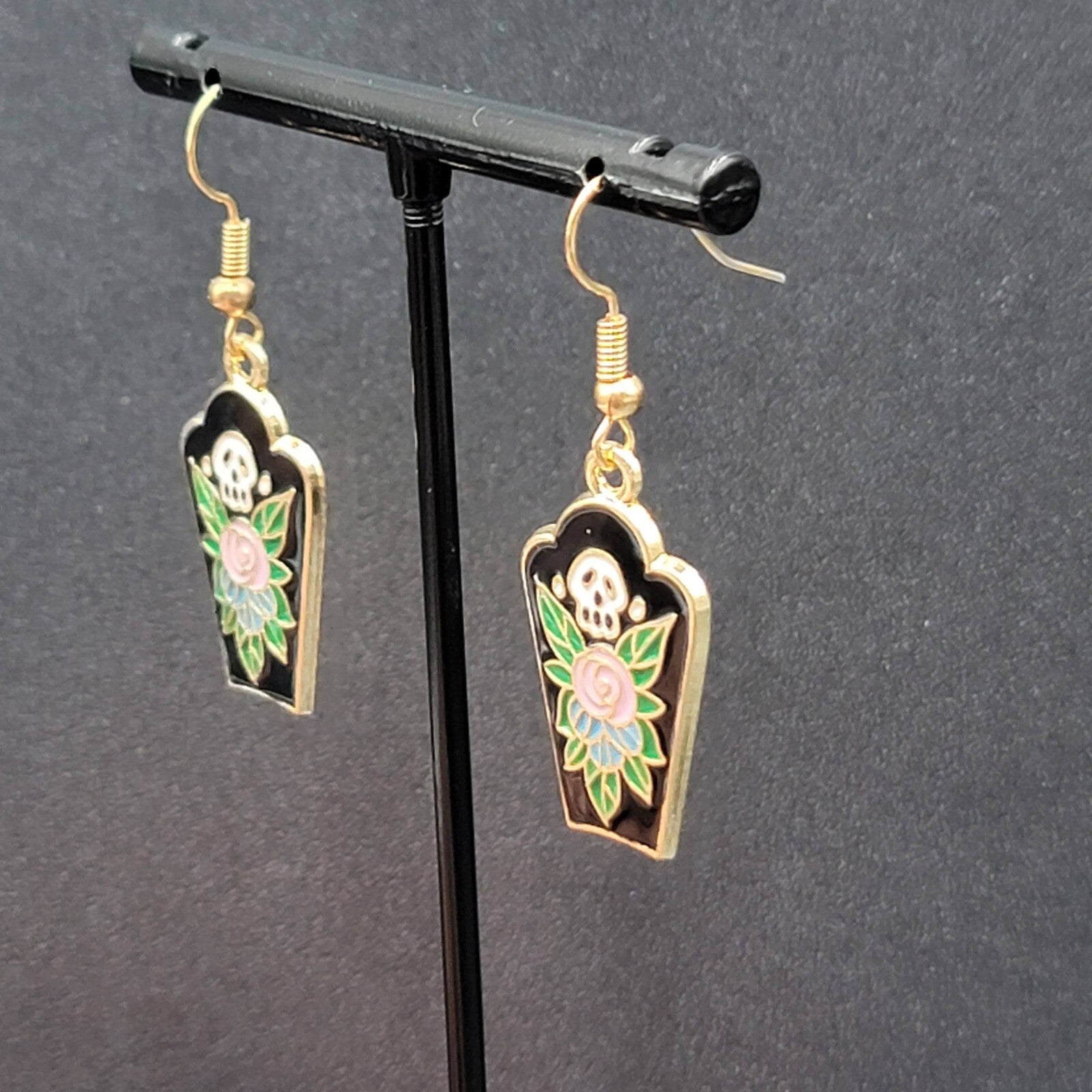 Halloween Coffin Pierced Earrings Skull Enamel Flowers Gold tone Dangle 1"