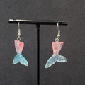 Mermaid Tail Pierced Earrings Pink Blue Glitter Resin Dangle 1.25"